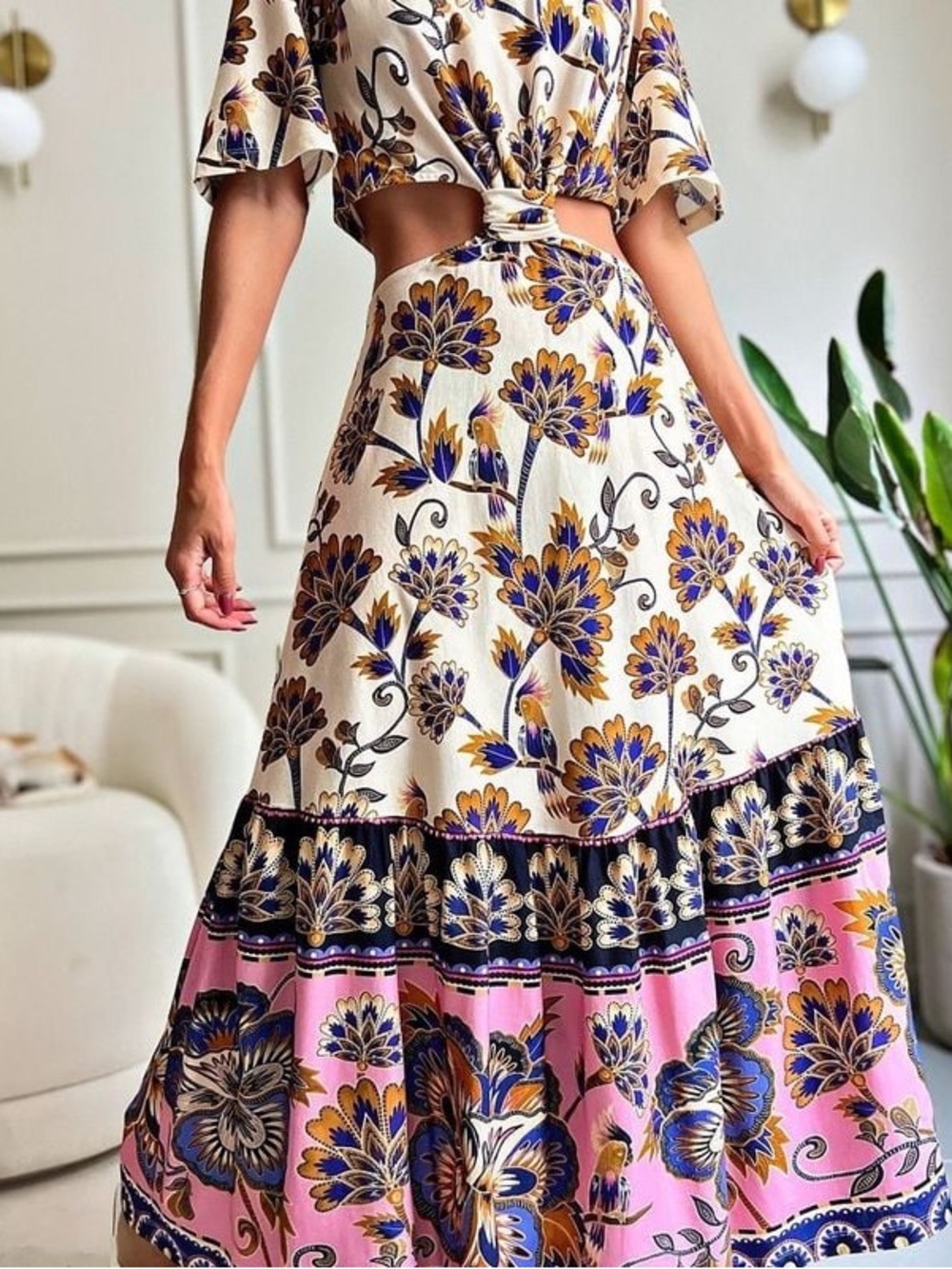 Farm Rio - Rare 100% Cotton Cutout Maxi Calopsita Floral Dress Back Elastic - XS